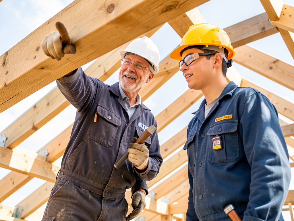 Zwei Handwerker bei der gemeinsamen Arbeit an einem Dachstuhl